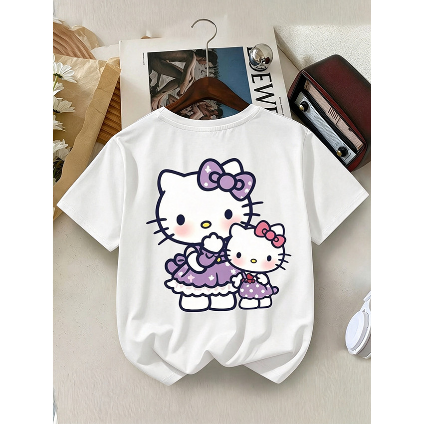 Camiseta Masculina Feminina Oversized Estampa Duas Hello Kitty Vestido Lilás Verso da Camiseta, Camiseta