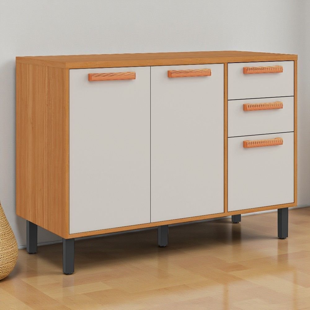 Balcão Cozinha 3 Portas 2 Gavetas 120cm com Tampo Nápoles Itatiaia Branco/Cinamomo/Off White
