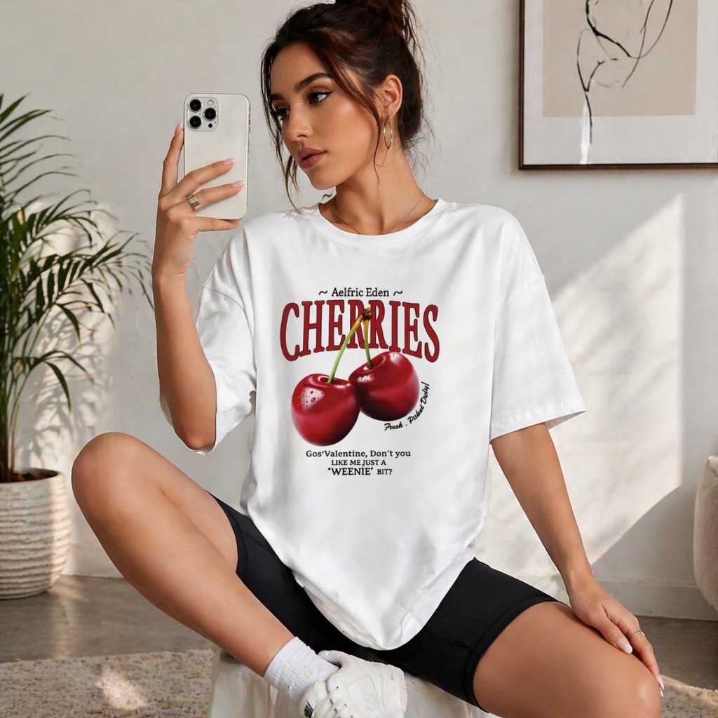 Camiseta Feminina Estilosa Estampada Cherries Algodão Premium Confortável 100% Algodão