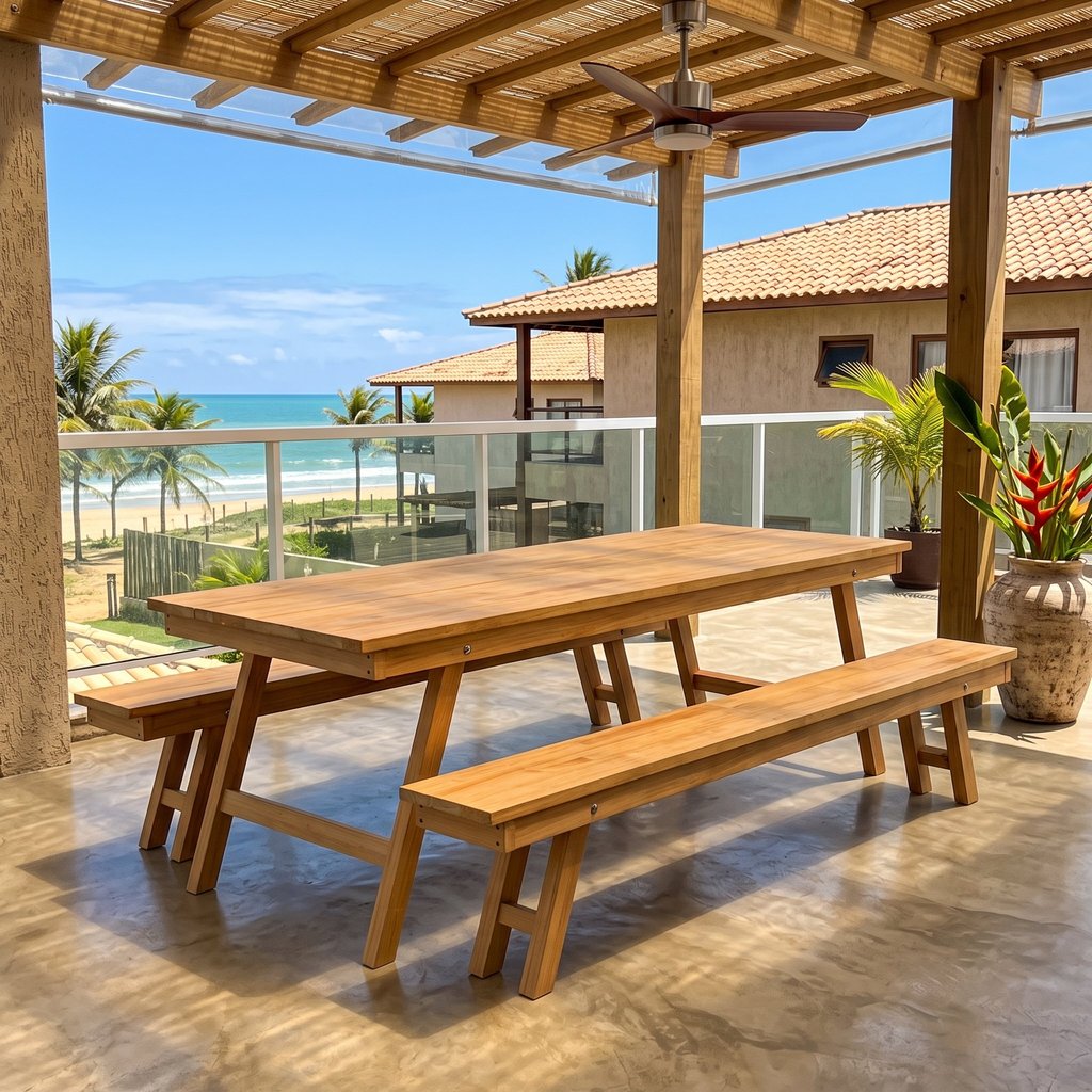 Conjunto Mesa Rústica com Bancos Madeira Maciça 2,40m Área Externa Churrasco Jardim Laranja/Cera Mel Mel