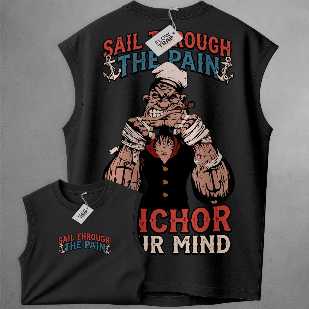 Regata Oversized Masculina Popeye Academia Fitness Estampa Sail Through Pain Fitness Algodão Treino