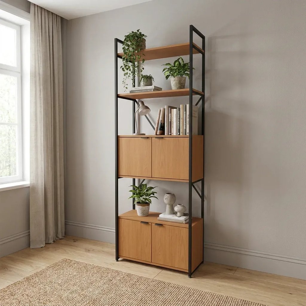 Estante de Livros Industrial em Aço 4 Portas 2 Prateleiras 202x72cm Canela/Preto Fosco Canela/Preto Fosco