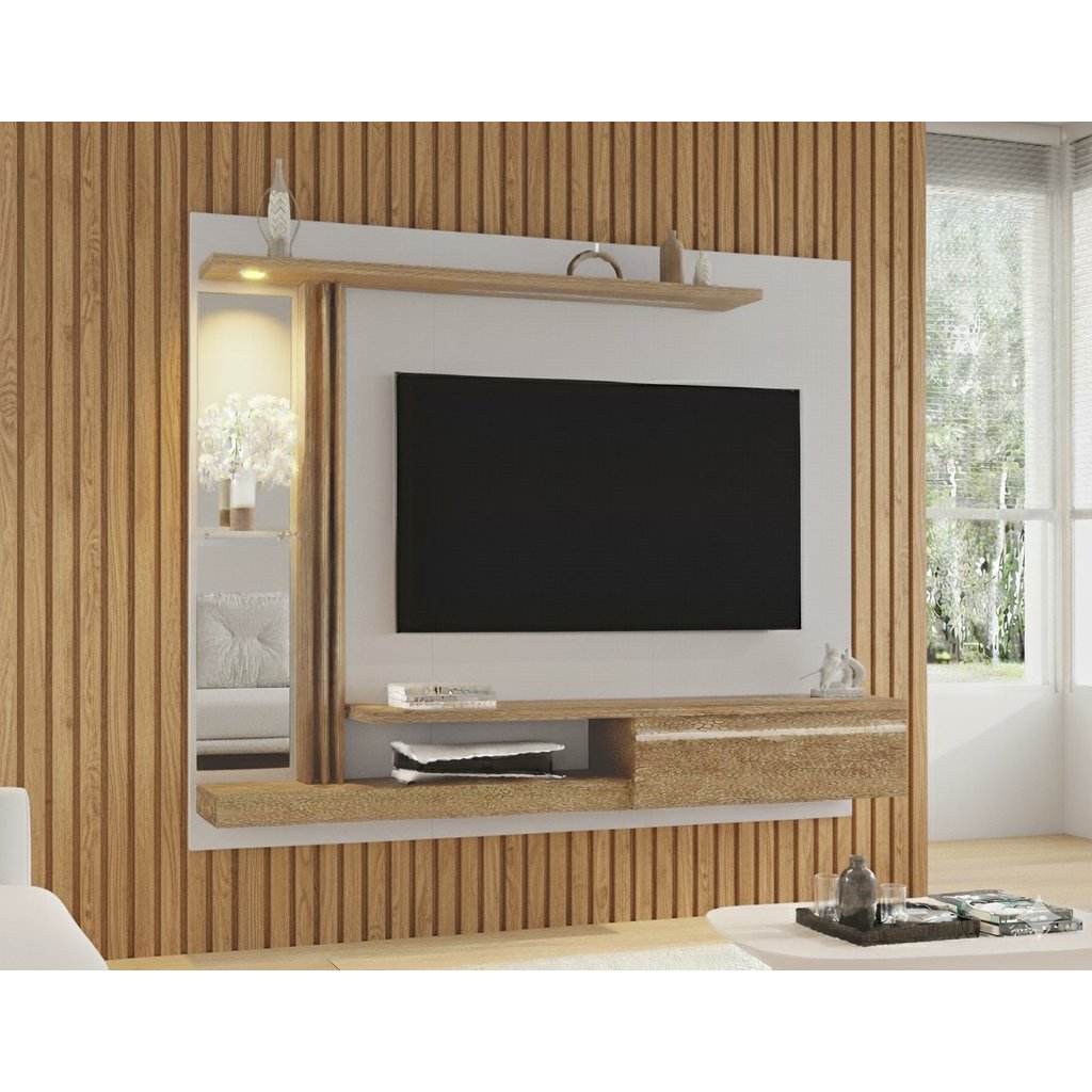 Painel para TV até 55 Polegadas com LED 160CMX136CM Prateleira de Vidro Denver Branco Off White/Cinamomo