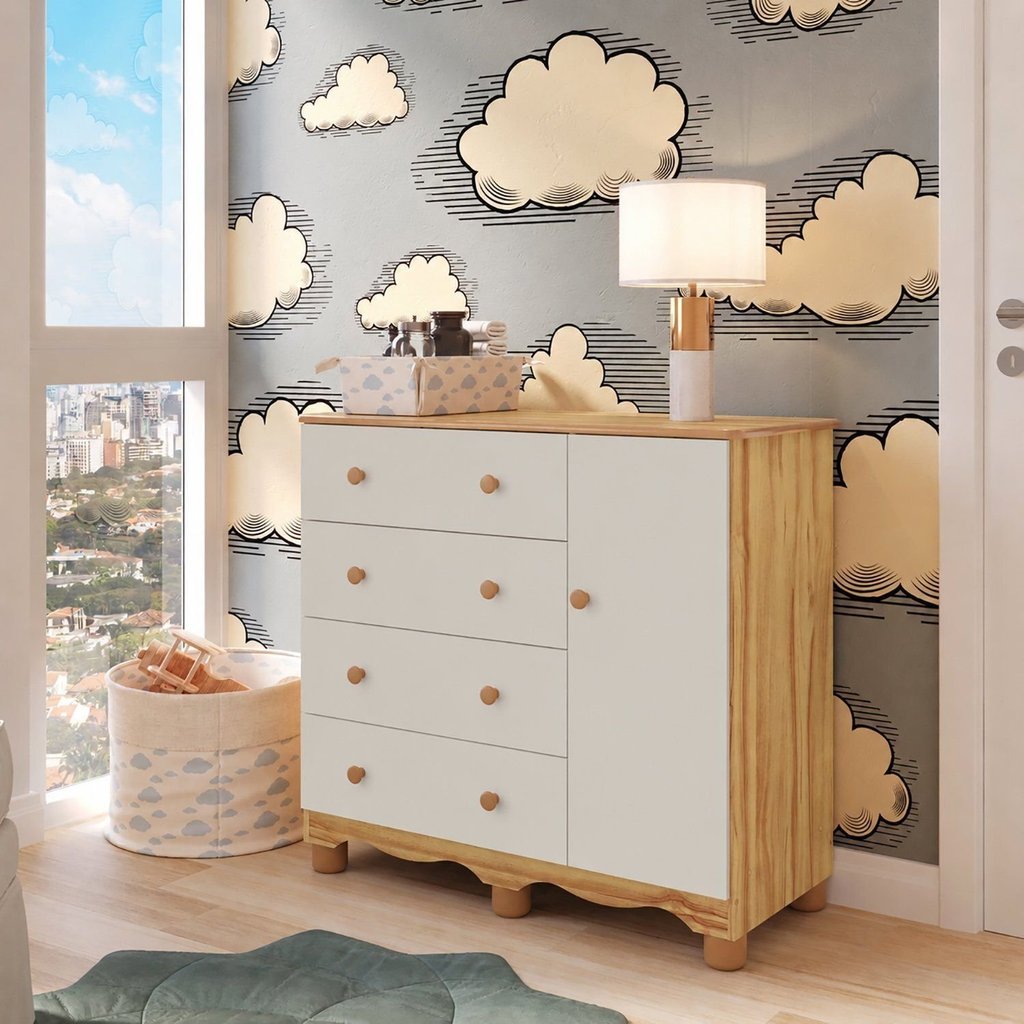 Cômoda Infantil 1 Porta 4 Gavetas 100% MDF Mimo Espresso Móveis Bege/Off White/Amêndoa Off White/Amêndoa