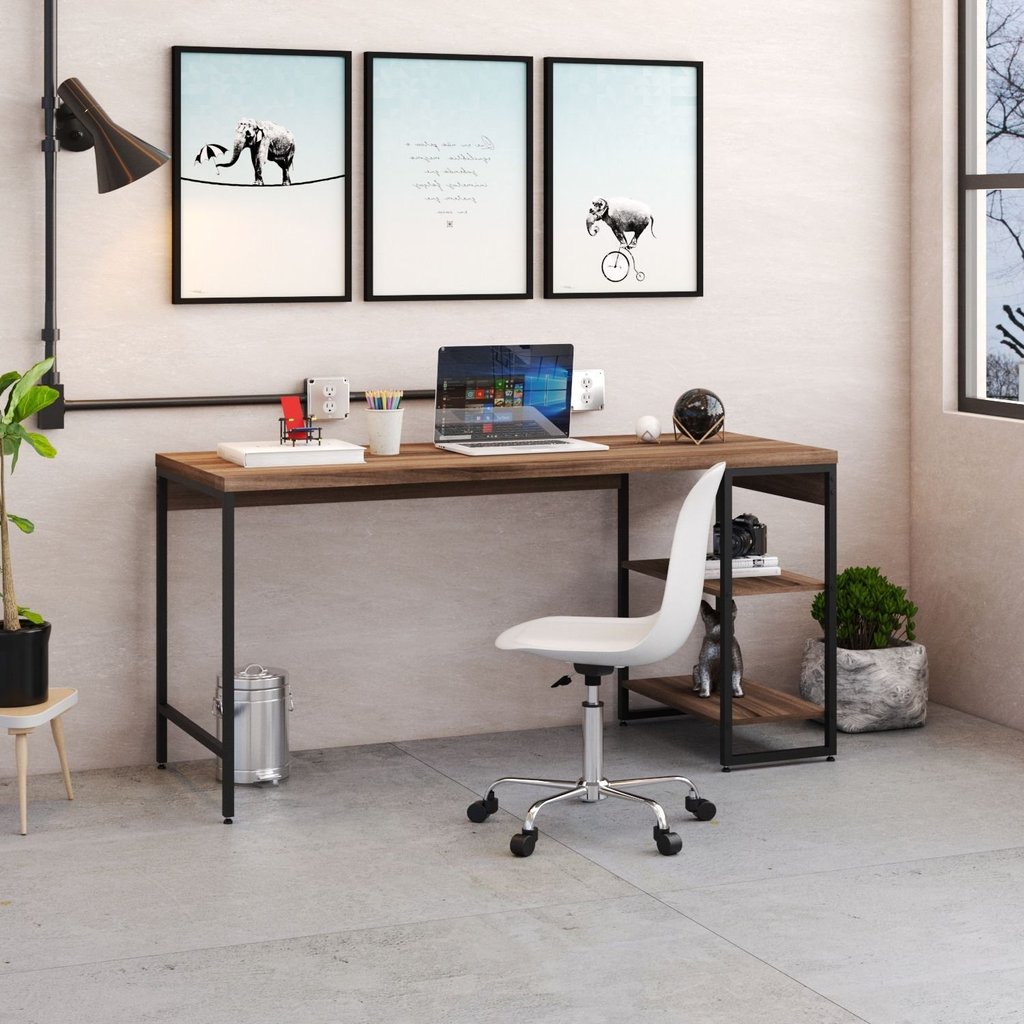 Escrivaninha Mesa Escritório com Estante Baixa Estilo Active 2 Prateleiras 150cm Industrial Yescasa Nogal Marrom Nogal