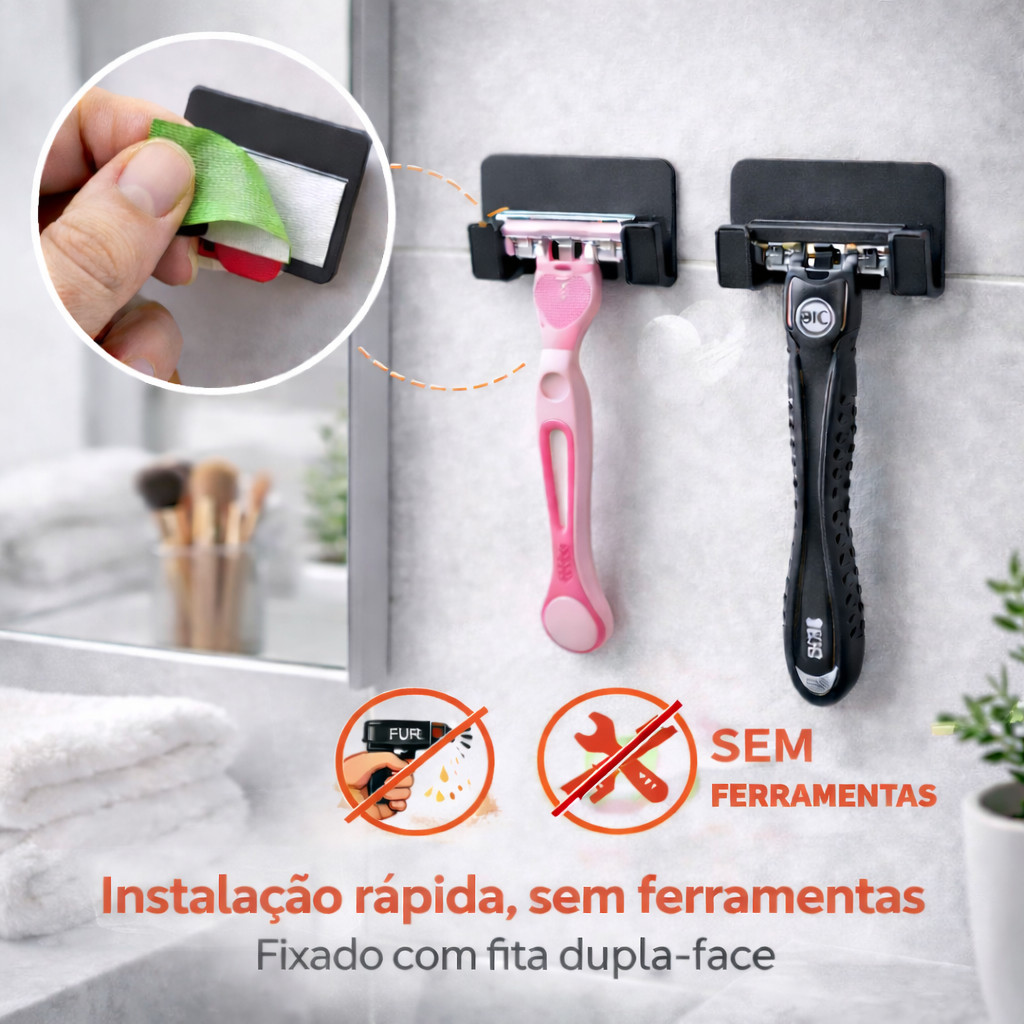 Suporte Para Barbeador Porta Gilete Gillette Prestobarba Parede Sem Furo Fita 3M Preto Banheiro