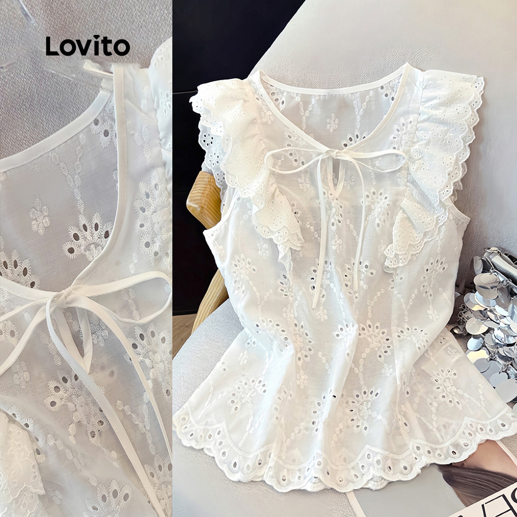 Lovito Blusa Branca Casual Com Babados Mangas Curtas Decote Em V Com Recorte E B