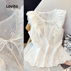 Lovito Blusa Branca Casual Com Babados Mangas Curtas Decote Em V Com Recorte E Bordado Inglês Para O Dia a Dia Na Primavera/verão Feminina LR38E037