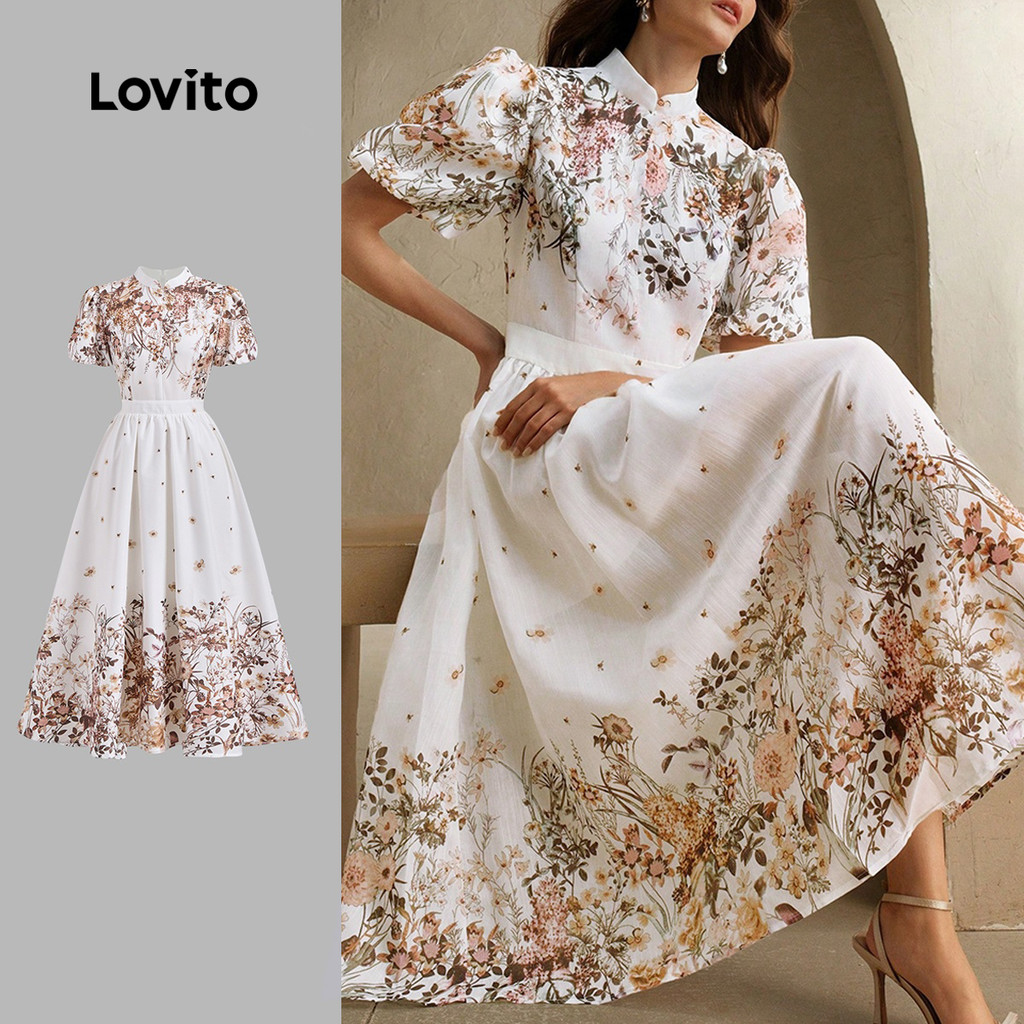 (Elegante)Lovito Vestido Midi Elegante Coreano Com Estampa Floral Mangas Curtas Bufantes Gola Alta Cintura Alta E Modelagem Evasê Para O Dia a Dia Na Primavera/verão Feminina LR13L009
