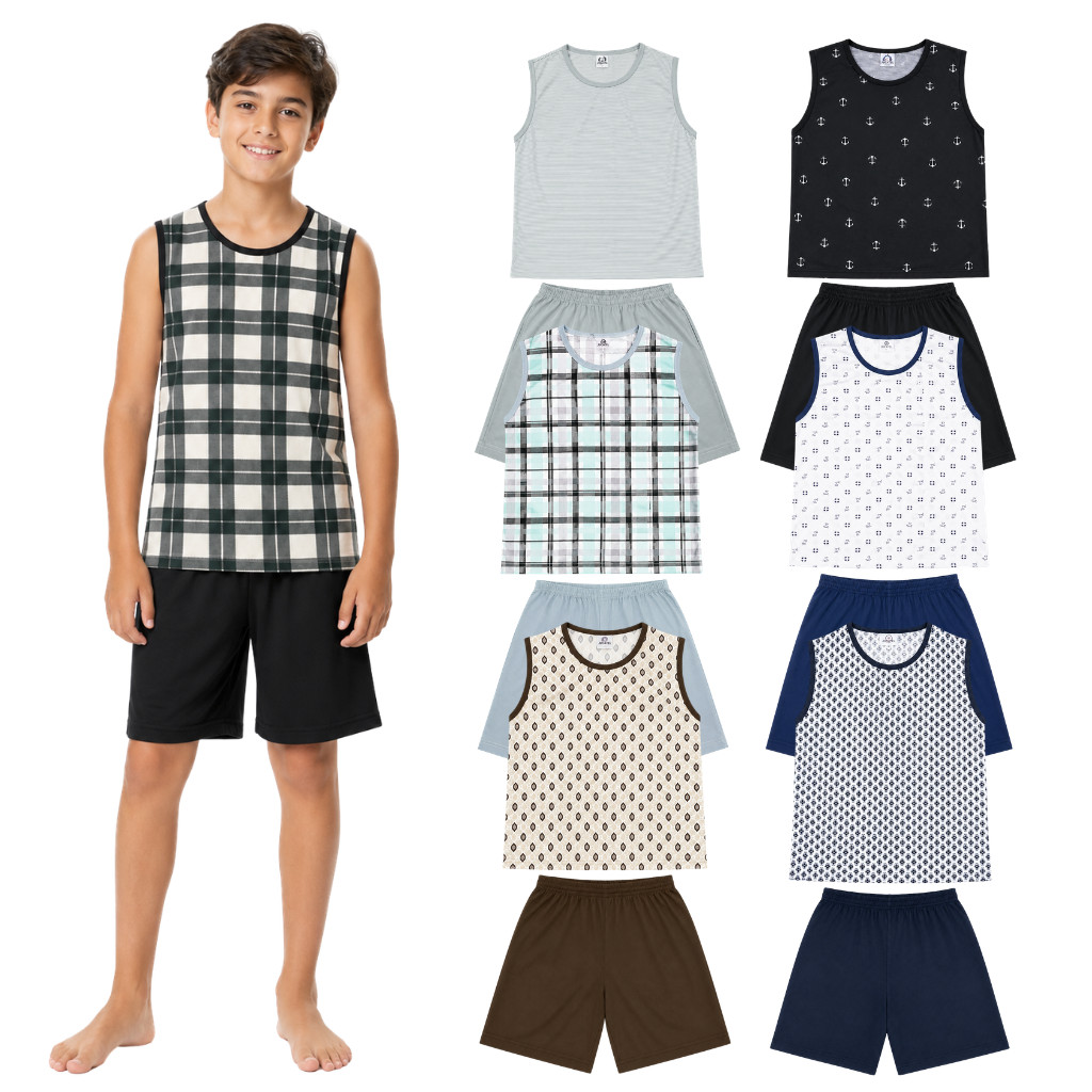 Kit 3 Pijamas Regata Machão e Short Estampas Sortidas Juvenil Masculino Tam. 10 ao 16