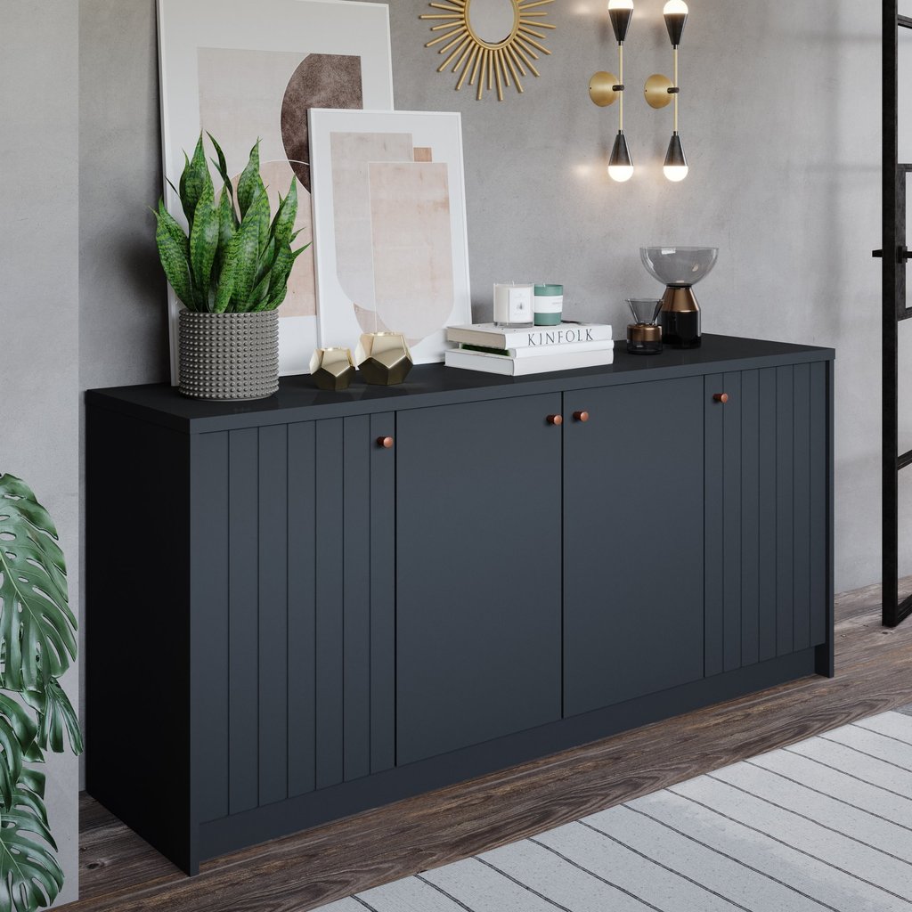 Buffet Aparador 4 Portas 100% MDF Chumbo 152cm Lia Cimol Preto Chumbo