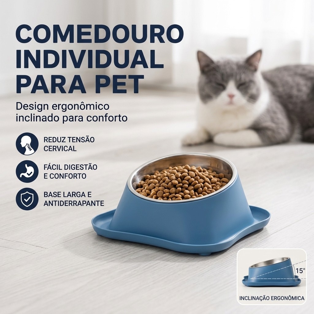 Pote Tigela Comedouro Bebedouro 2 em 1 Aço Inox Duplo Design Inclinado Antiderrapante Cachorro Gato Água Ração Petisco