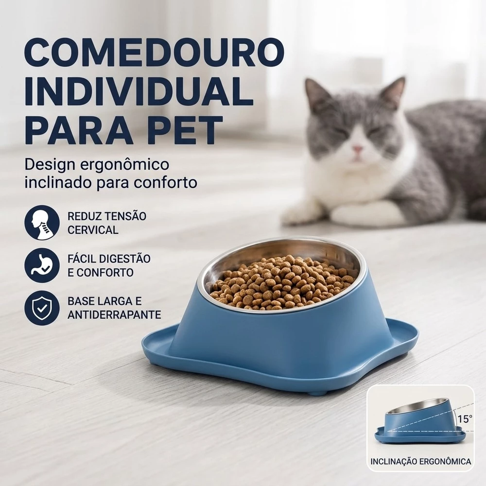 Pote Tigela Comedouro Bebedouro 2 em 1 Aço Inox Duplo Design Inclinado Antiderrapante Cachorro Gato Água Ração Petisco