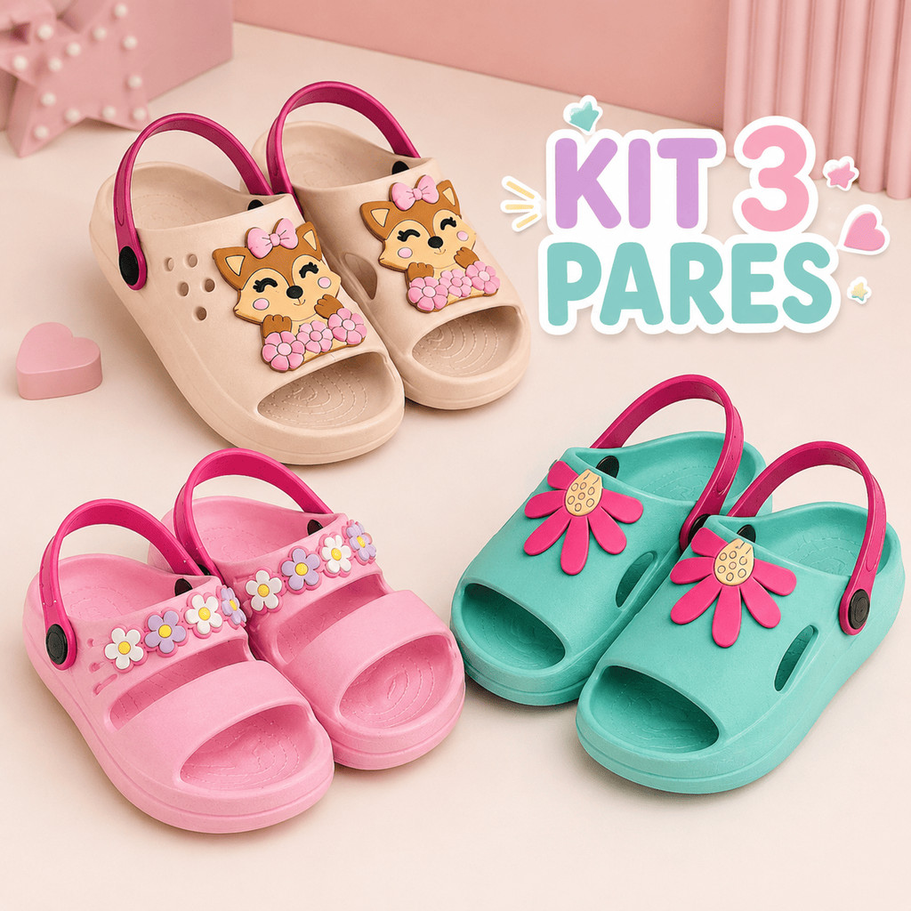 Kit 3 Pares Sandália Infantil Menina Confortável Leve