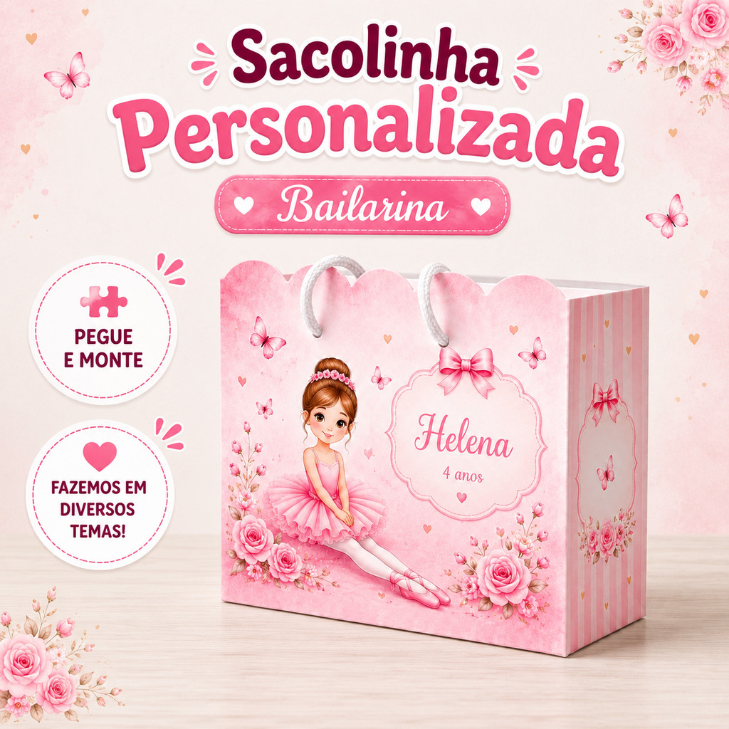 Sacola Personalizada Bailarina Aniversário | Diversos Temas | Lembrancinha Festa Infantil | Papel Fotográfico