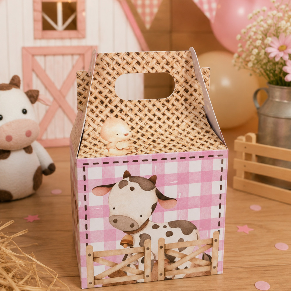 Kit 10/20/30 Maletas Fazendinha Rosa - Caixinhas Lembrancinha Aniversário Infantil (Pegue e Monte)