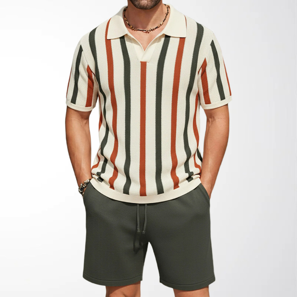Novo Verão Listrado Pulôver Camisola Terno casual Camisa POLO De Manga Curta Conjunto De Duas Peças