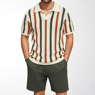 Novo Verão Listrado Pulôver Camisola Terno casual Camisa POLO De Manga Curta Conjunto De Duas Peças