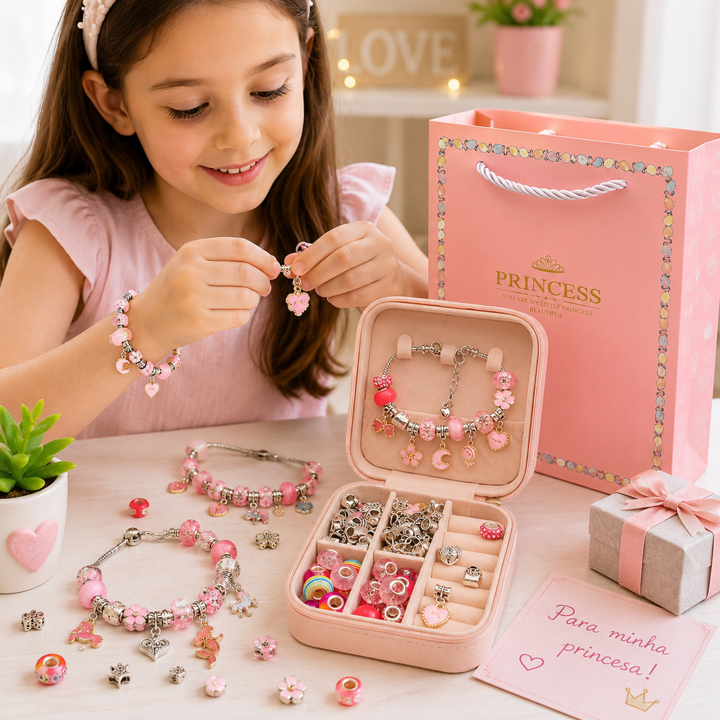 Kit Pulseira Colar Linda Diy 67pçs Com Porta de Joias Infantil Presente De Aniversário Para Meninas