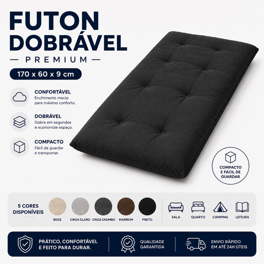 Imagem Colchonete Futon 170x60 Dobrável Colchão Solteiro Multiuso Sofá Camping Meditação Oxford