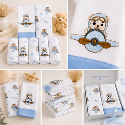 Kit 7 Peças Enxoval Bebê Menino Menina 5 Fraldas de Pano + 2 Toalhas Fralda Luxo Já Bordado