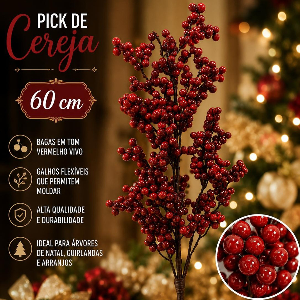 Galho Frutas Vermelhas 60cm Artificial Decoração Arvore de Natal