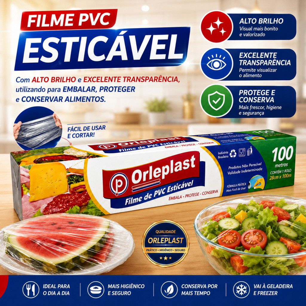 Filme Stretch PVC Esticável Orleplast 28cm x 100m Transparente para Embalar e Conservar Alimentos
