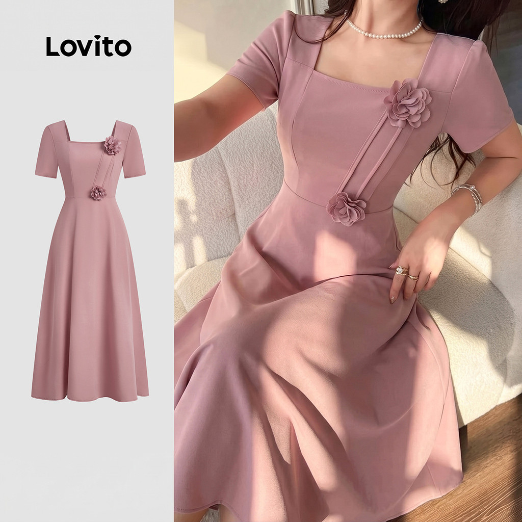 (New Arrival) Lovito Floral Vestido Elegante com Flores Simples Rosa Primavera/v