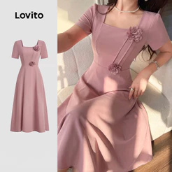 Lovito Floral Vestido Elegante com Flores Simples Rosa Primavera/verão para mulheres LK7ED1190