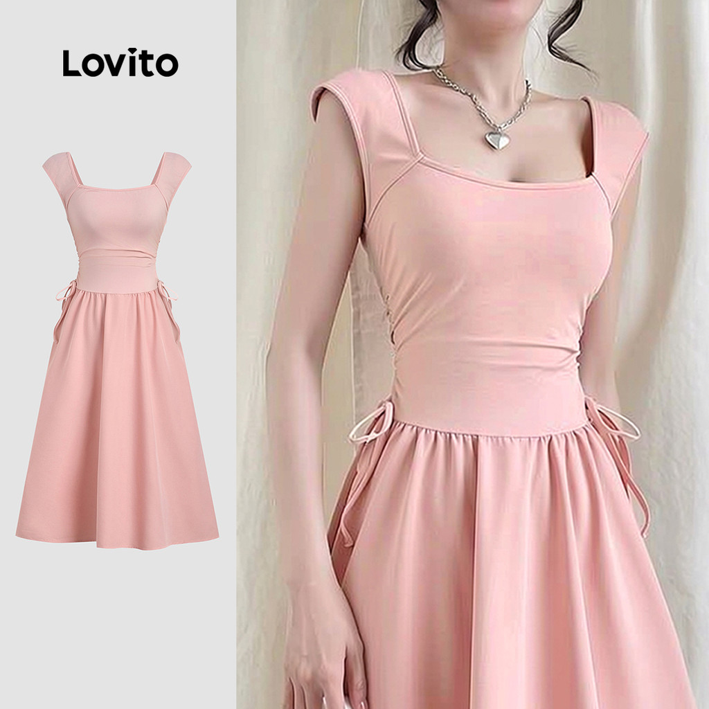 (New Arrival) Lovito Vestido Casual de Lazer Plissado Primavera/verão Rosa para