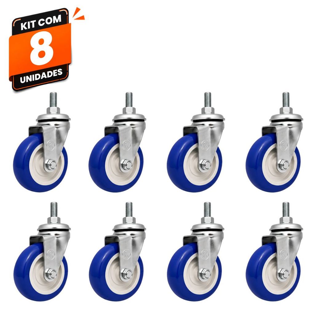 Kit 8 Rodinhas Rodas Giratórias Carrinho Supermercado Mercado Ajax Rosca 3" PVC Azul 80kg Alta Resistência para Comércio