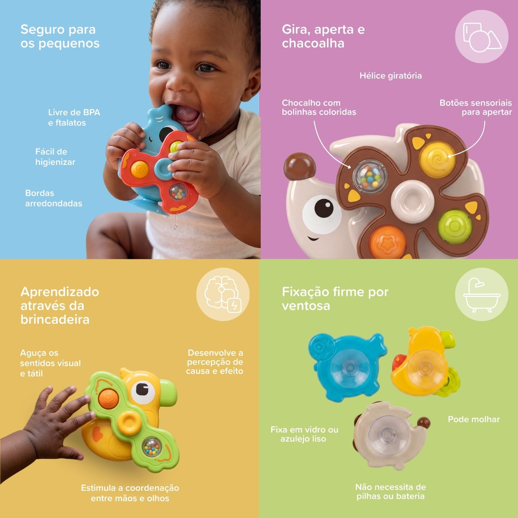 Kit 3 Brinquedos Giratório Bebê Com Ventosa Chocalho Banho Sensorial Spin Maxi Baby — imagem 2 de 2