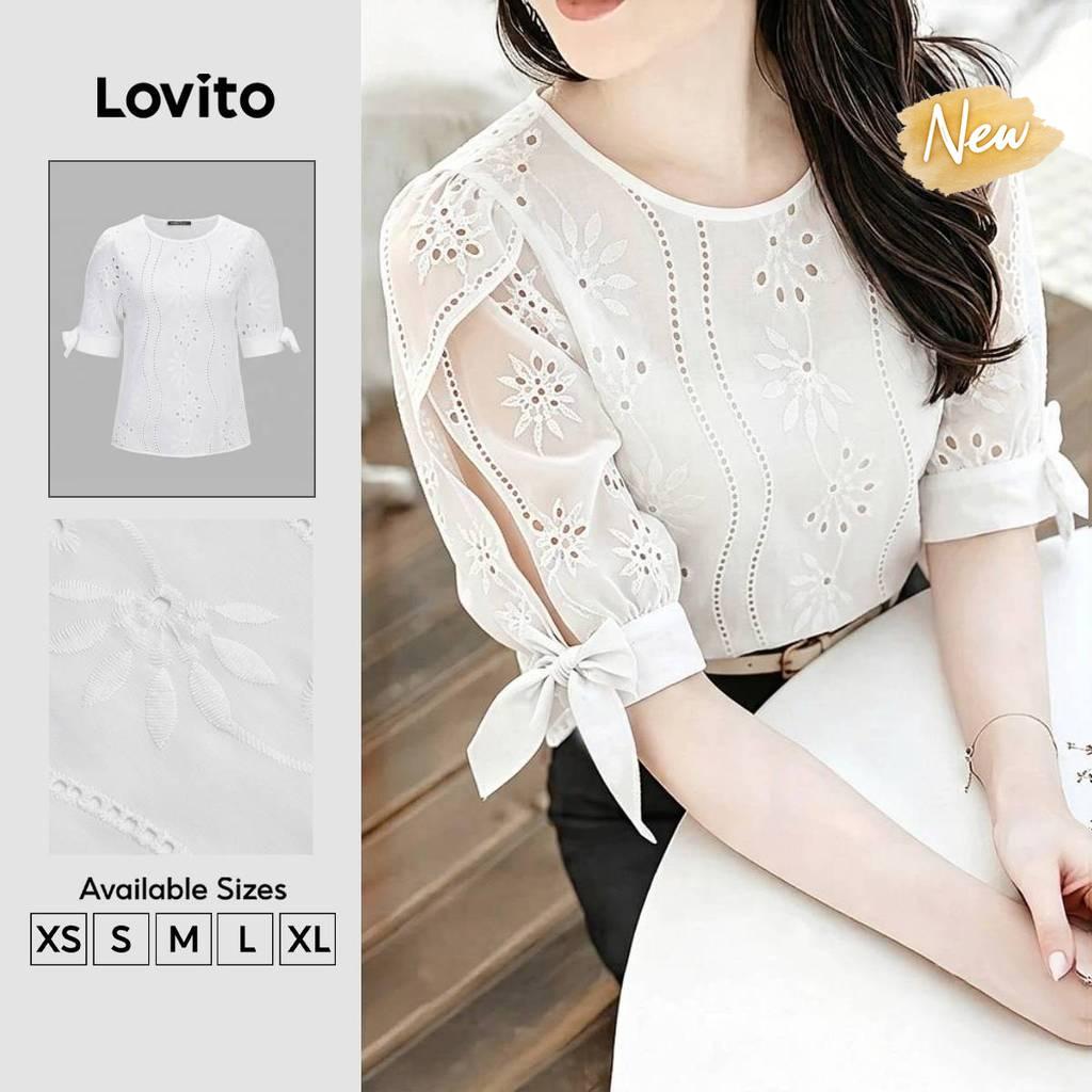 (New Arrival) Lovito Blusa Boho Renda Plissada Amarração Primavera/verão Branca
