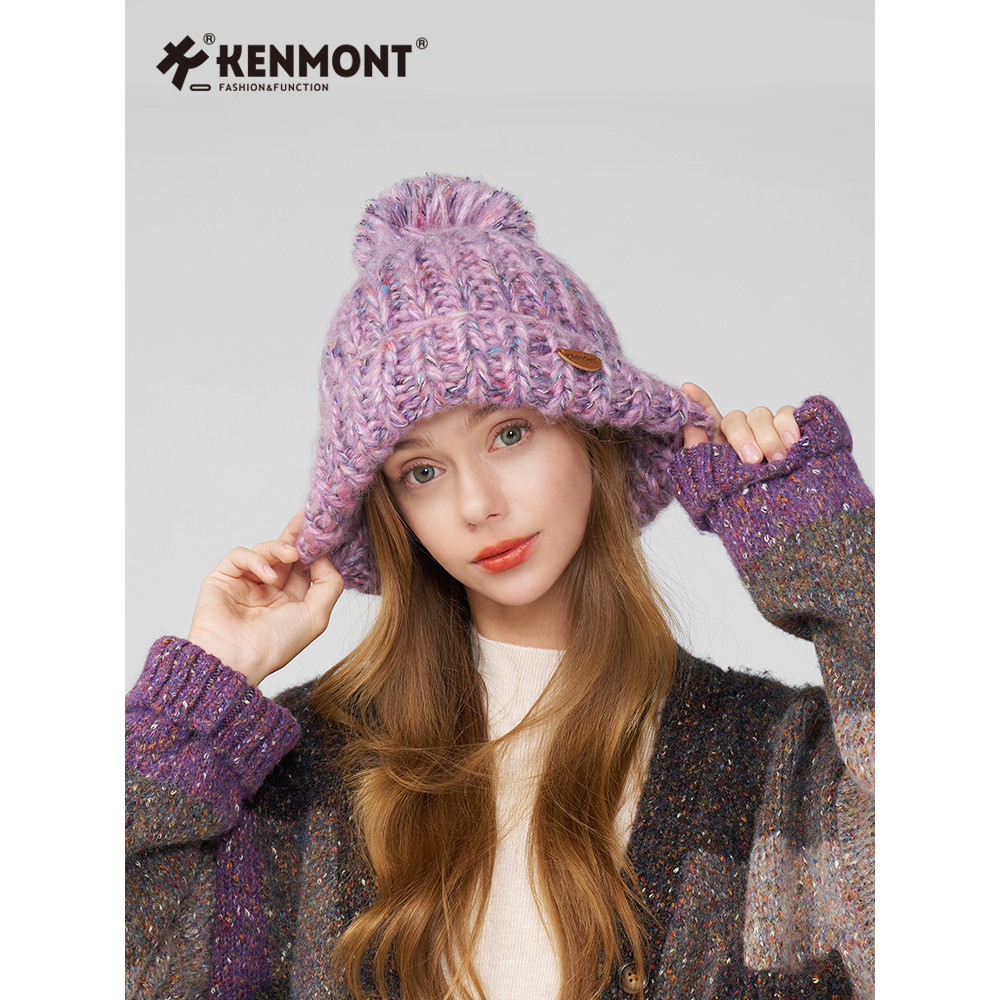 Kenmont Kenmont Chapéu de malha tricotado à mão feminino outono inverno roxo moda chapéu de lã linha grossa chapéu de in