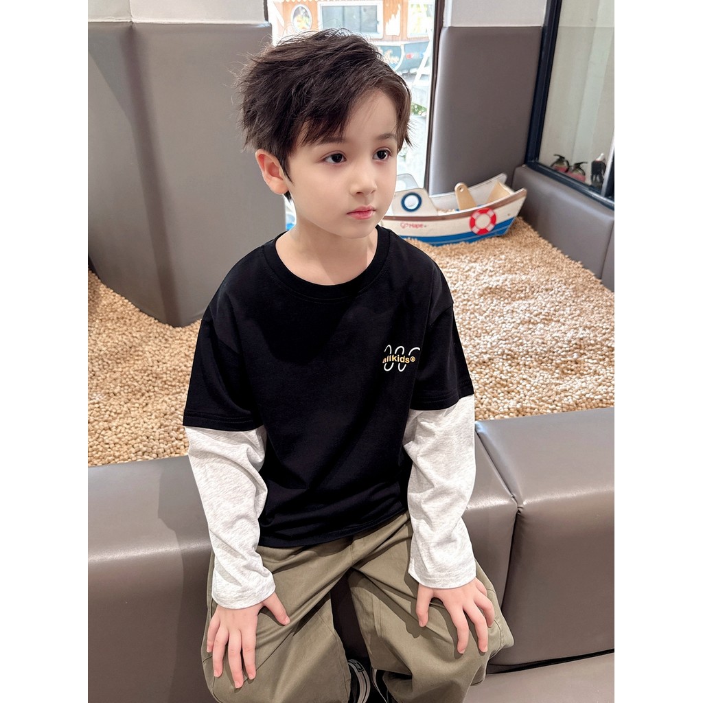 Bater bonito ~ meninos roupas de primavera algodão puro estilo ocidental falso de duas peças de manga comprida camiseta 
