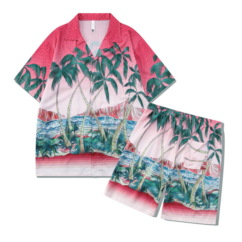 [Novo produto] Cavalheiro Casual praia camisa de manga curta Digital impresso coco solto costa camisa conjunto masculino