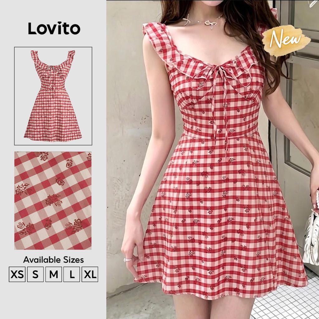 (New Arrival) Lovito Vestido Elegante com Renda e Babados para Mulheres Primavera/verão vermelho DRB202P2D460