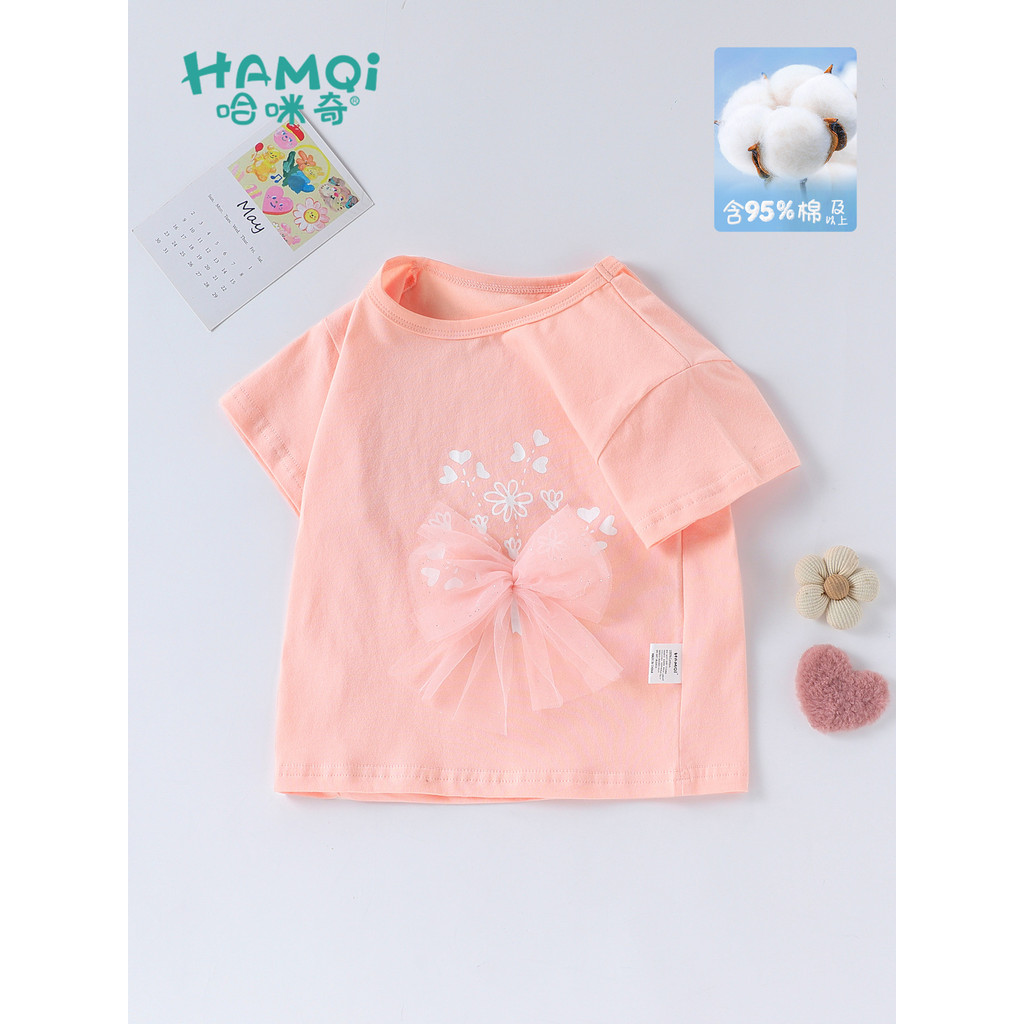 Meninas camiseta de manga curta verão novo estilo roupas infantis pequenas crianças puro algodão estilo ocidental gaze c