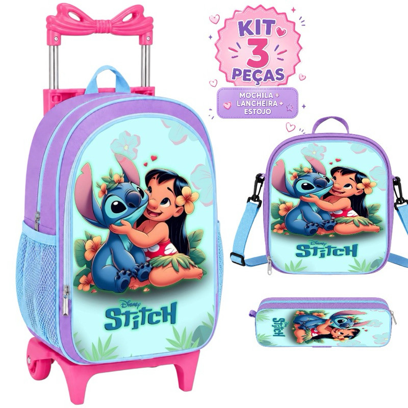 Kit escolar Mochila Infantil Rodinha Feminina Lilo e Stitch Escolar + Lancheira Termica + Estojo