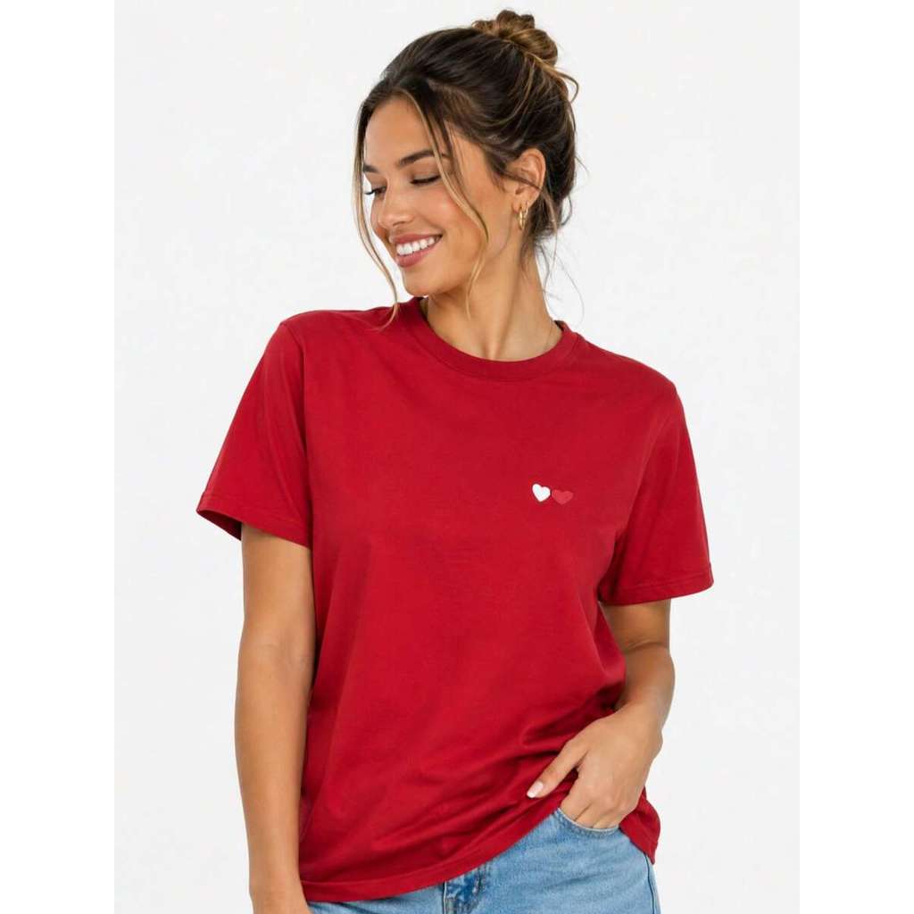 Camiseta Feminina Dois Corações Verão Primavera Gola redonda Camiseta 100% Algodão Casual & Esportiva Lançamento