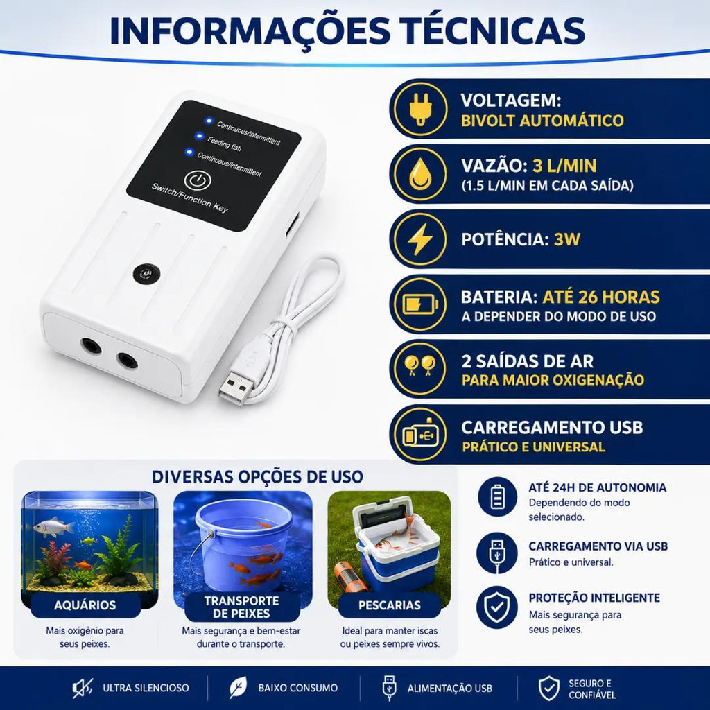Oxigenador Aquário Nobreak 2 Saídas Ar Bivolt 3W 127/220v Silencioso Econômico Resistente — imagem 2 de 2