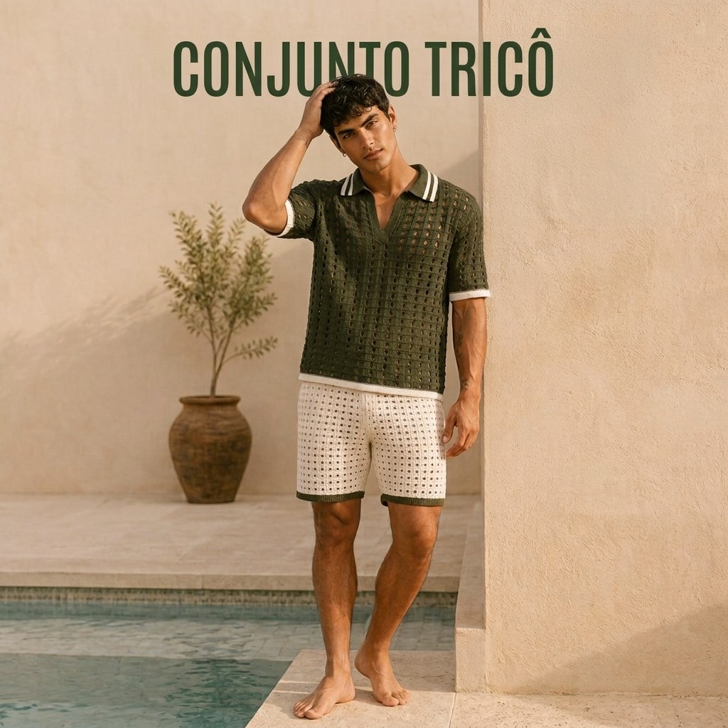 Conjunto Masculino Polo + Short Texturizado Premium Moda Verão Casual Elegante Praia Passeio