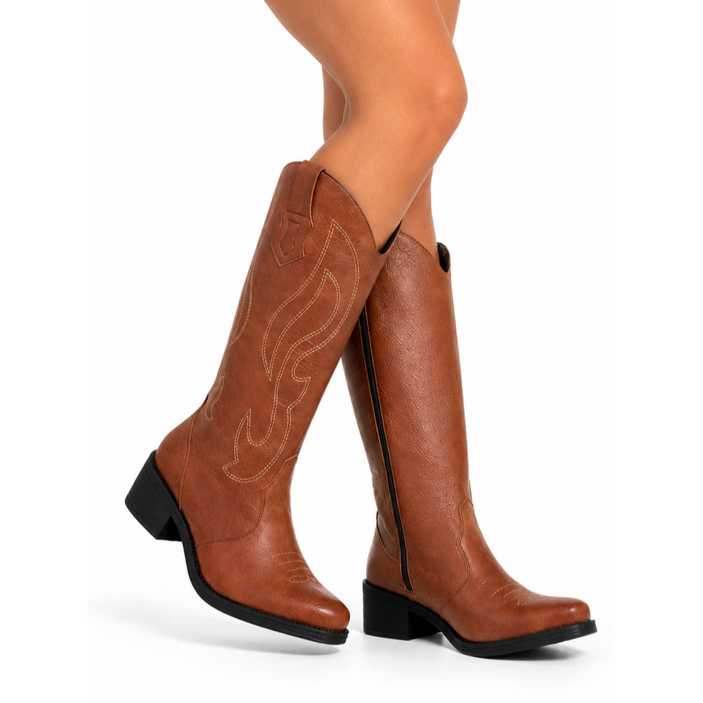 Bota Country Feminina Texana Cano Longo Bordada Luxo Fazendeira Boiadeira Calce Fácil Com Zíper