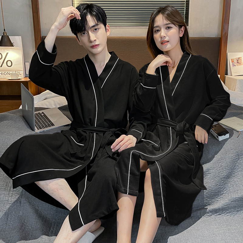 Primavera outono novo estilo pijamas feminino Waffle cor sólida calças de manga comprida casal masculino camisola conjun