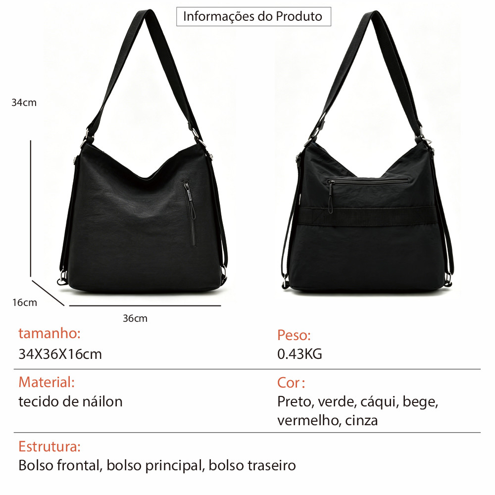 Mochila feminina de ombro, grande capacidade, aparência sofisticada, versátil para o dia a dia, multifuncional
