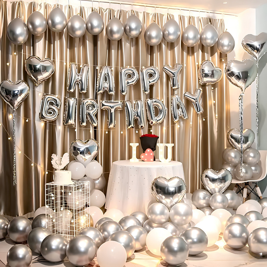 Kit Balões 53 Peças Prata Feliz Aniversário Decoração Festa Infantil Adulto Coração Estrela
