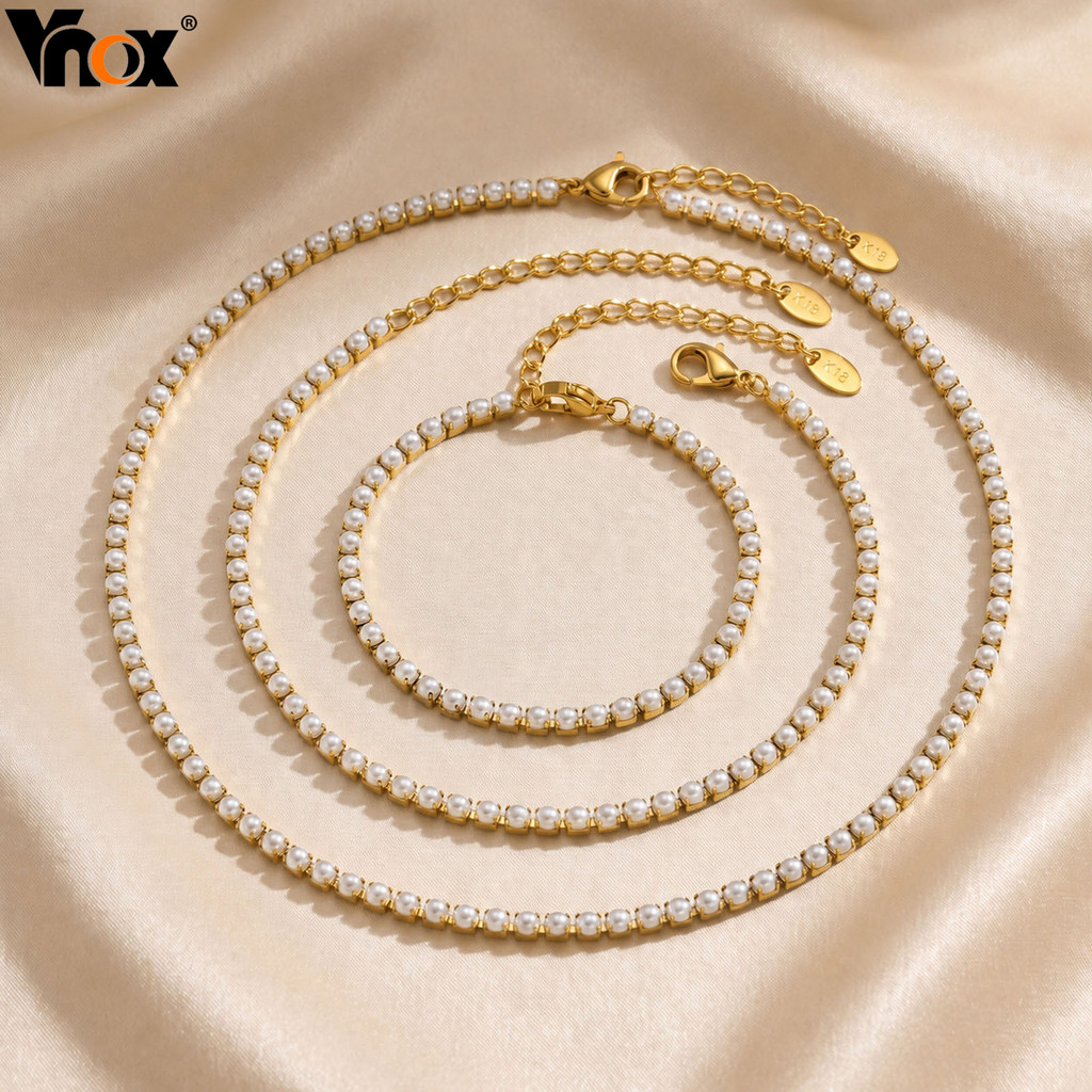 Vnox Falso Pérola Tênis Corrente Conjunto De Jóias Pulseira Tornozeleira Colar Para Mulher , Presente De Moda De Aço Ino