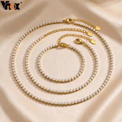 Vnox Falso Pérola Tênis Corrente Conjunto De Jóias Pulseira Tornozeleira Colar Para Mulher , Presente De Moda De Aço Ino