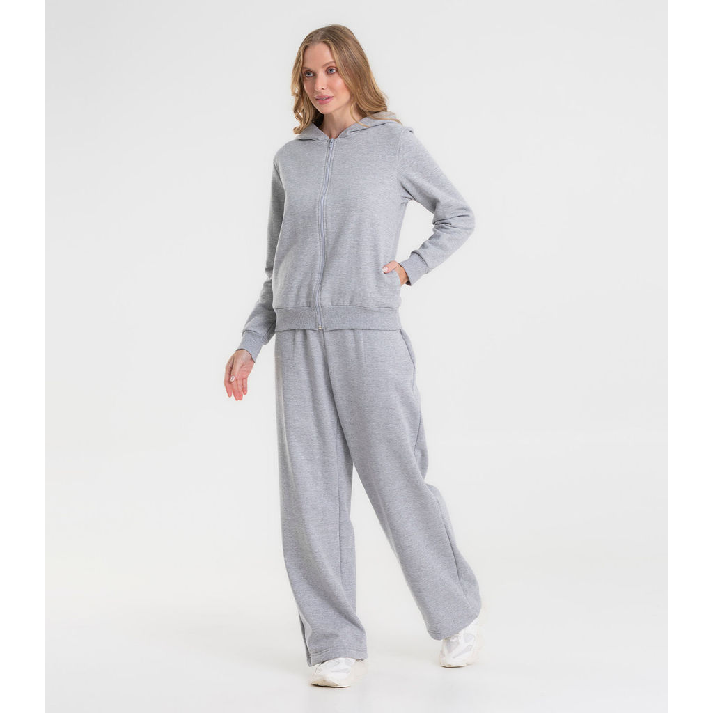 Calça Wide Leg Moletom Peluciado Básico Rovitex Cinza