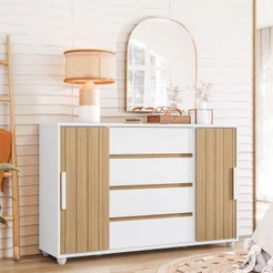 Cômoda 2 Portas Correr 4 Gavetas Evidenza Branco/Freijó Branco/Freijó